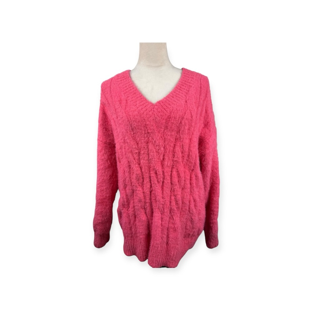 Lucky Brand Hot Pink V Neck Fuzzy eyelash cable knit Sweater size large